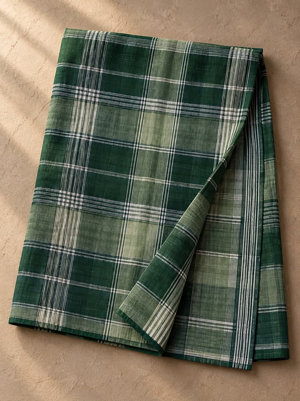 Comfort Lungi — Green Check — fabric and stitching detail